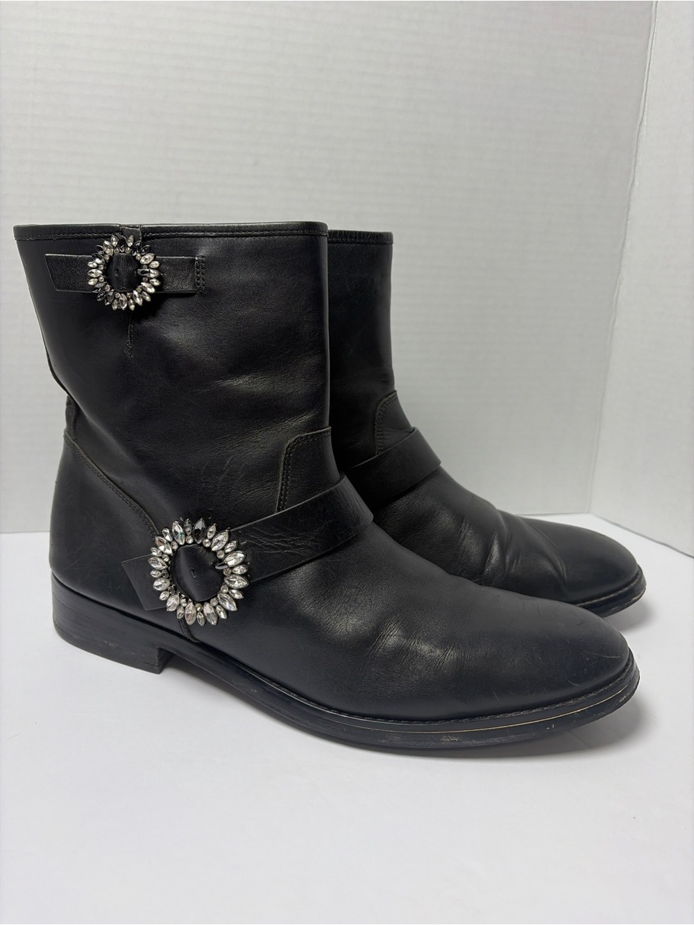 Michael Kors Women’s Black Leather Moto Biker Ankle Boots Crystal Buckle Zip 11M